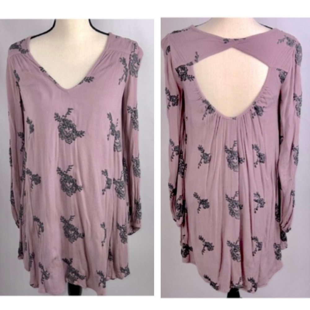 Free People Swing Dress Lavender w/Gray Embroidery Open Back Small
